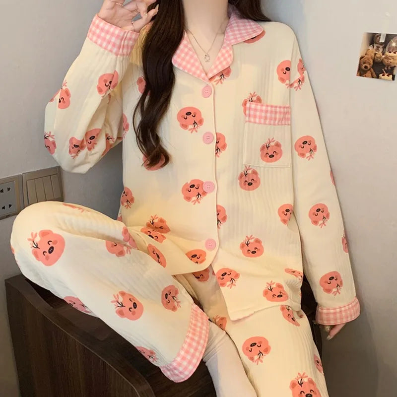 Two-Piece Set Ladies Pajamas Set Long-Sleeved Cartoon Sweet Cute Print Cardigan Home Wear Simple Sleepwear Winter Autumn New