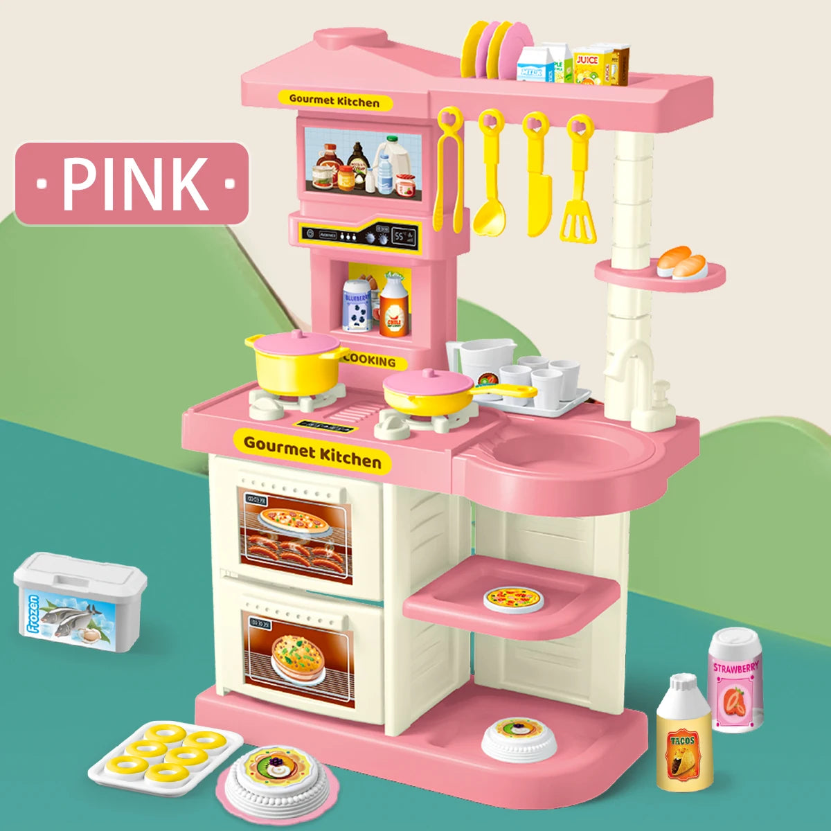Play Kitchen Accessories, Kitchen Playset Toys for Kids Foods Pots Pans Milk Bread Fork for 3+ Boys and Girls