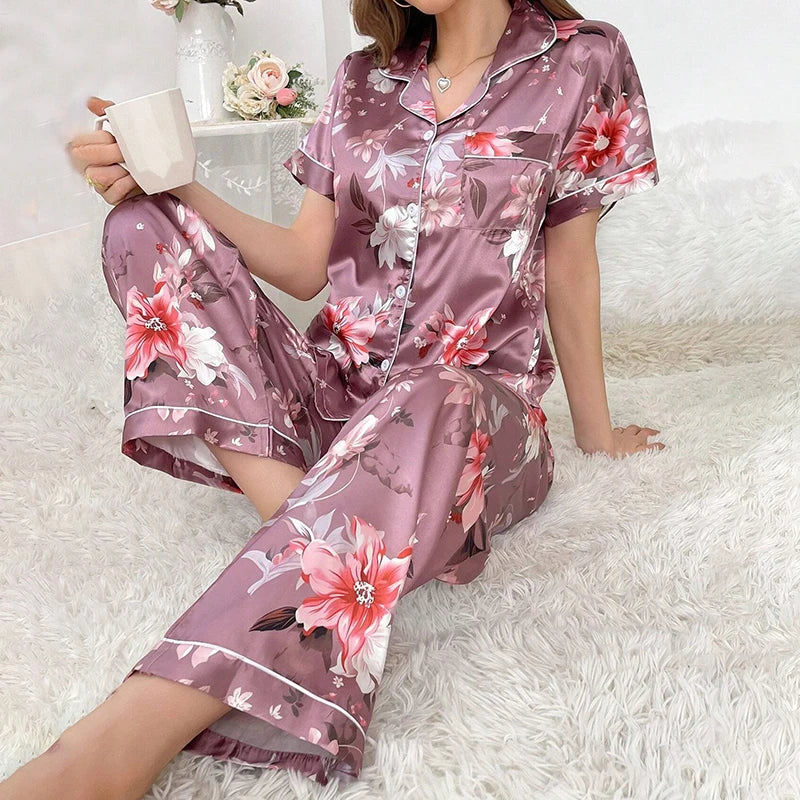 2026 New Women's Pajamas Sets Short Sleeve Buttons Top & Pants Sleepwear 2 Piece Button-Down Pj Set Homewear Satin Loungewear