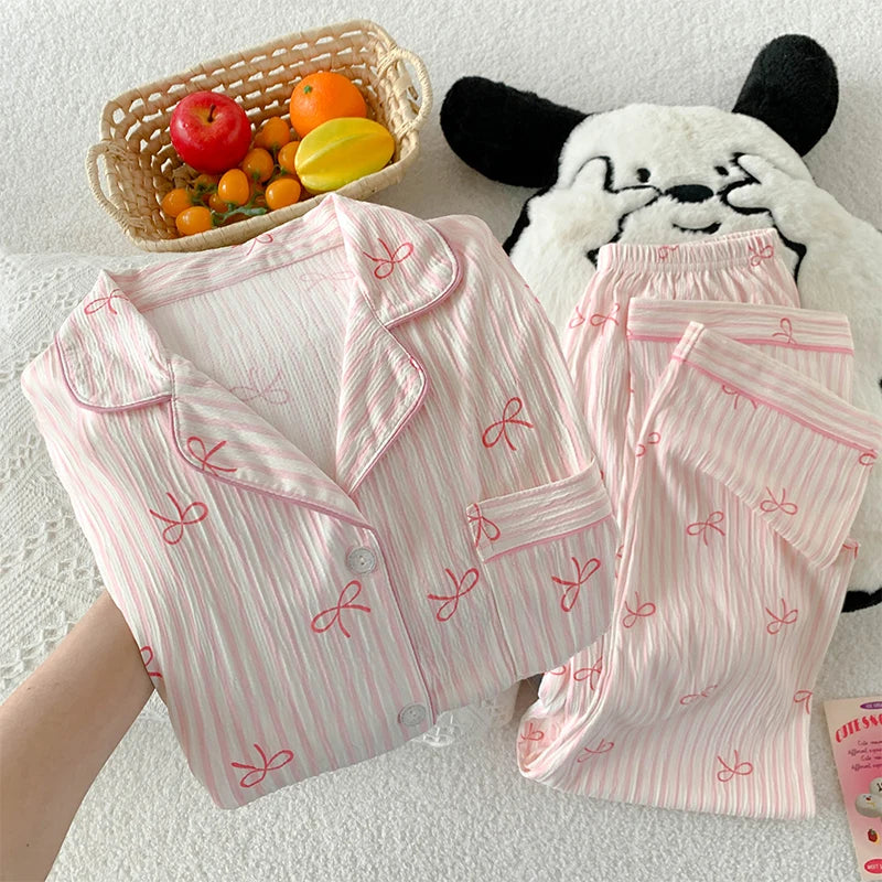 Girls Stripe Spwear Women's  Knot Star Long Sve Long Pants Korean Sle Sweet Crepe Home Clothes Set