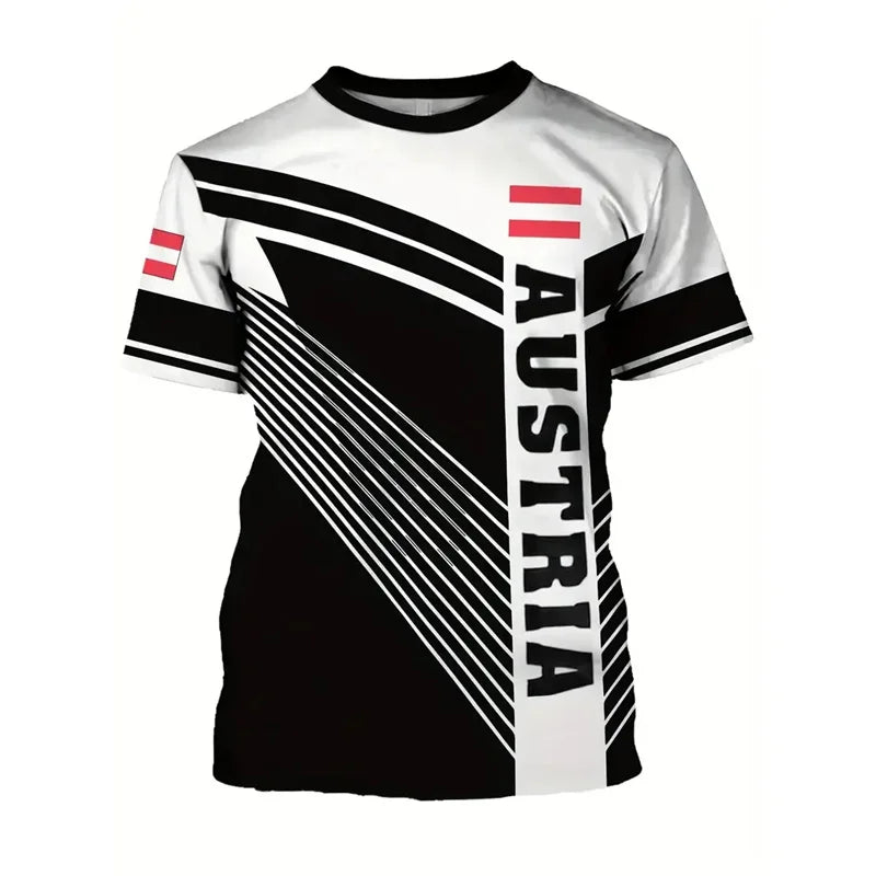 Austria National Flag Themed T-shirt Men's Clothing 3d Printed Stripe Word T Shirts Casual Fashion Street Short Sleeves Tees