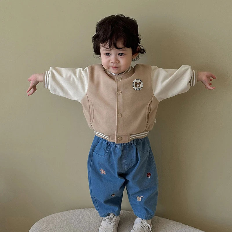 2026 Fall New Toddler Kids Pants Cotton Cartoon Embroidered Harem Pants Baby Boy Casual Striped Denim Baggy Trousers