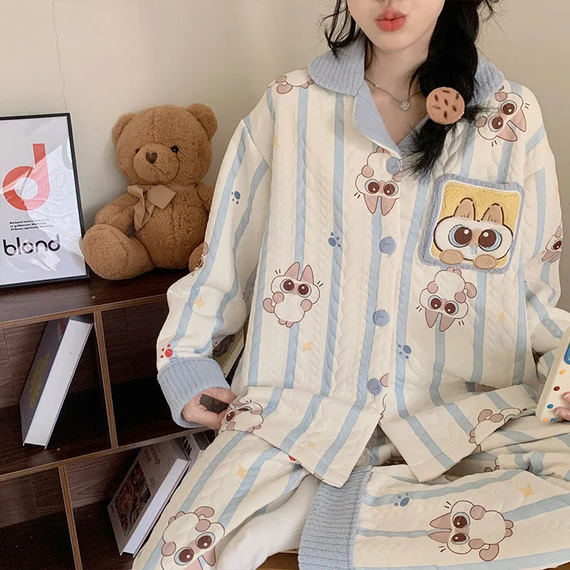 Sweet Korean Style Air Cotton Long Sleeve Long Pants Loose Fit Autumn Winter New Arrival Comfortable Breathable Sleepwear