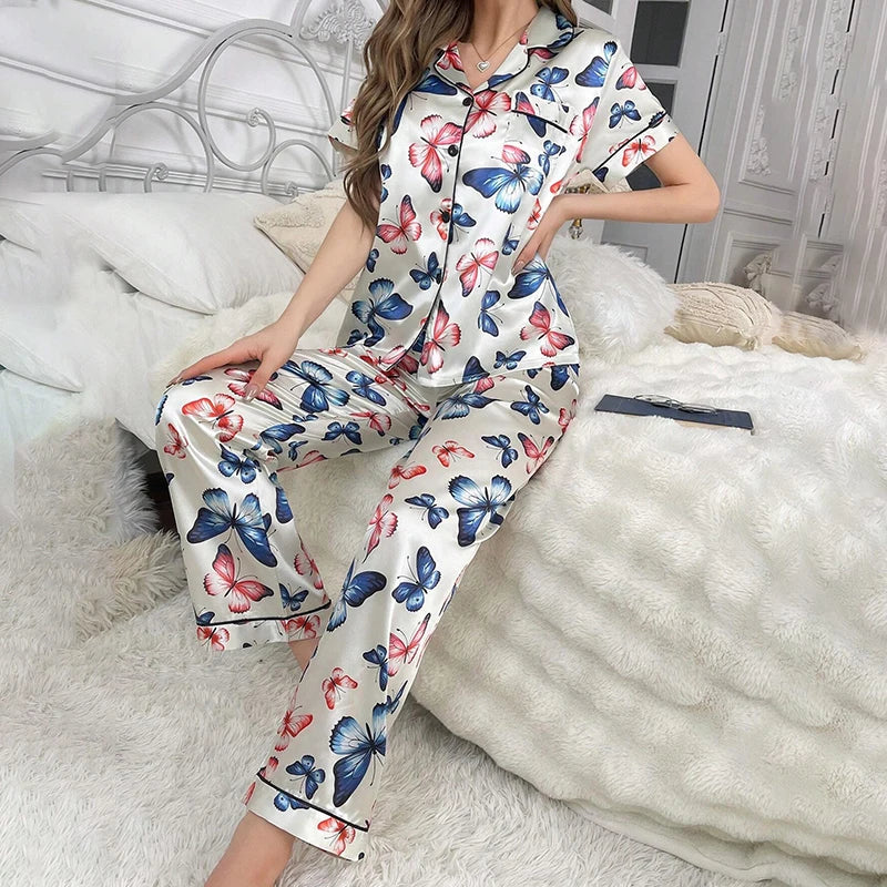 2026 New Women's Pajamas Sets Short Sleeve Buttons Top & Pants Sleepwear 2 Piece Button-Down Pj Set Homewear Satin Loungewear