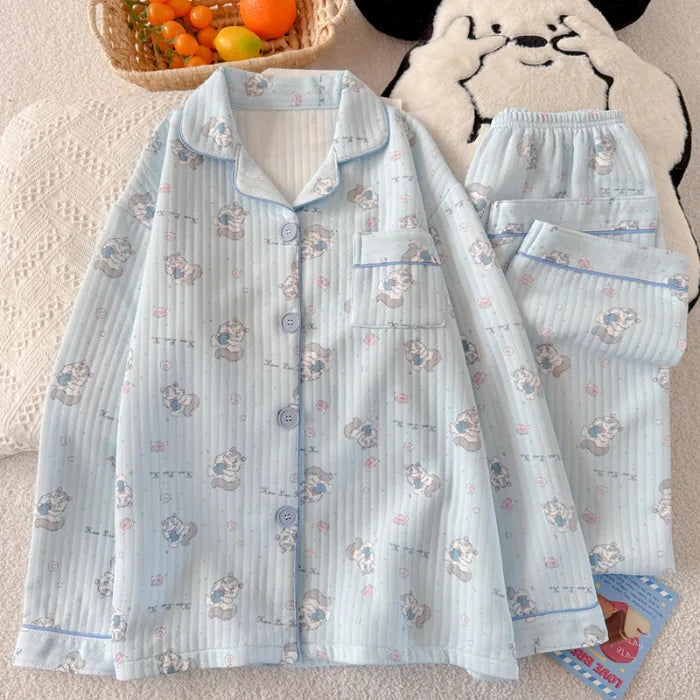 Cute Little Cat Sleepwear Thickened Air Cotton Korean Style Comfortable Sleep Pants Long Sleeve round Neck Spring Summer Autumn