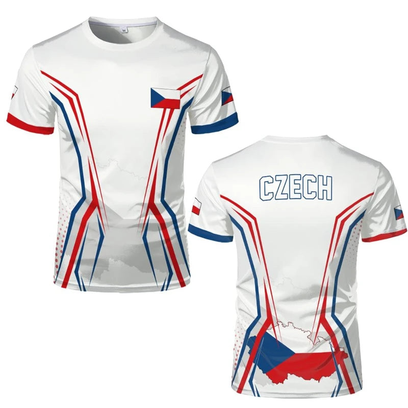 Czech Republic Flag Football T Shirts Czech Republic National Emblem 3D Printed Sports T-shirts Loose Breathable Crew Neck Tees