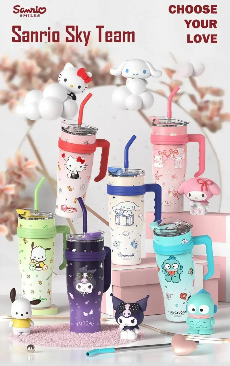 1200Ml Hello Kitty Kuromi Cinnamoroll Melody Thermos Water Bottle Cute Large Capacity Straw Cup Steel Kids Birthday Gift