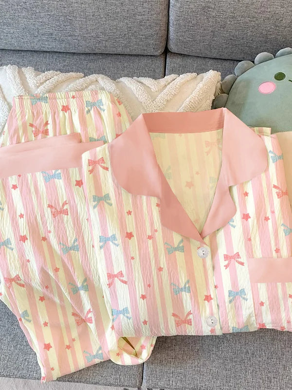 Girls Stripe Spwear Women's  Knot Star Long Sve Long Pants Korean Sle Sweet Crepe Home Clothes Set