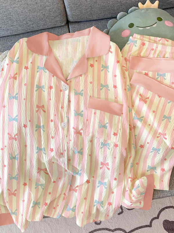 Girls Stripe Spwear Women's  Knot Star Long Sve Long Pants Korean Sle Sweet Crepe Home Clothes Set