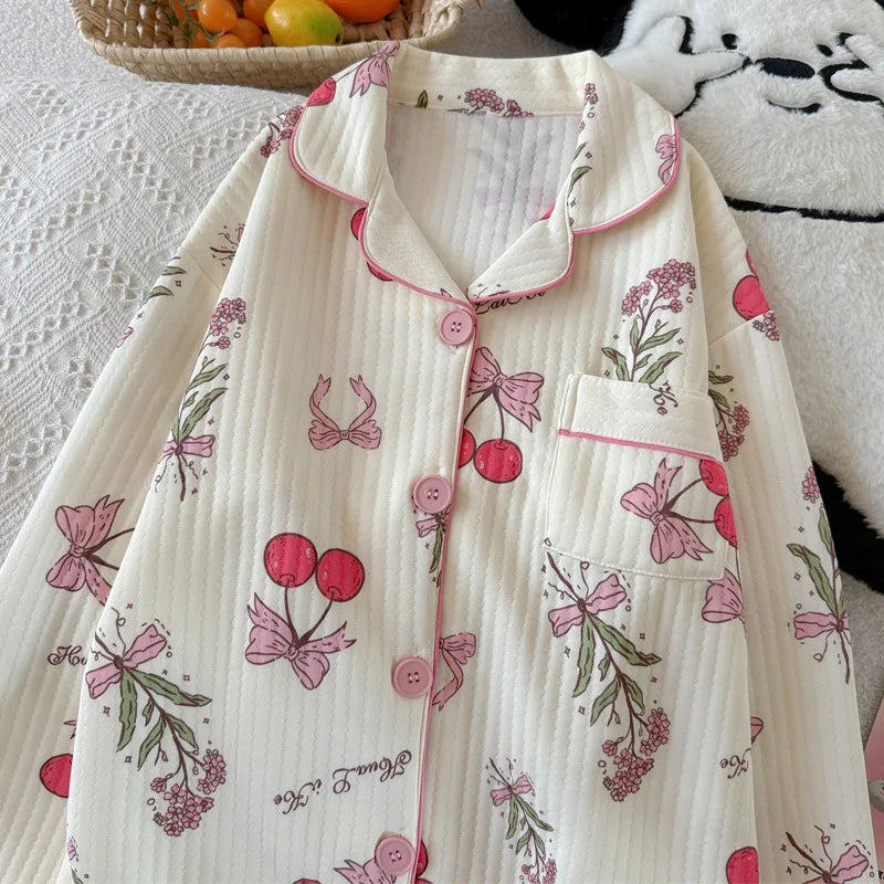 Sweet Butterfly Knot Cherry Air Cotton Knitwear round Neck Long Sleeve Sleepwear Thickened Ultra-Heavy Comfortable Spring