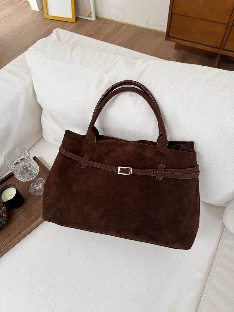 Retro Matte Suede Purse Handbags for Women Large Capacity Fall Winter Casual Tote Bag Belt Design Female Work Shoulder Bags