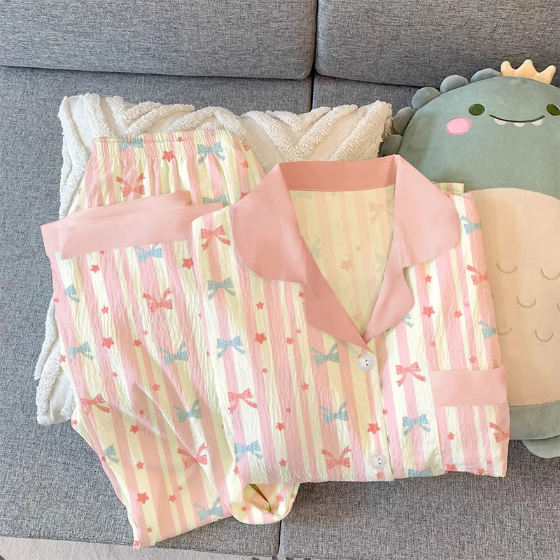 Girls Stripe Spwear Women's  Knot Star Long Sve Long Pants Korean Sle Sweet Crepe Home Clothes Set