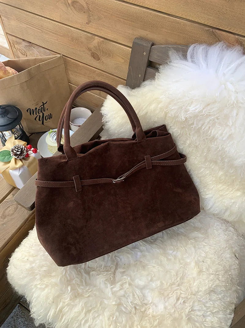 Retro Matte Suede Purse Handbags for Women Large Capacity Fall Winter Casual Tote Bag Belt Design Female Work Shoulder Bags
