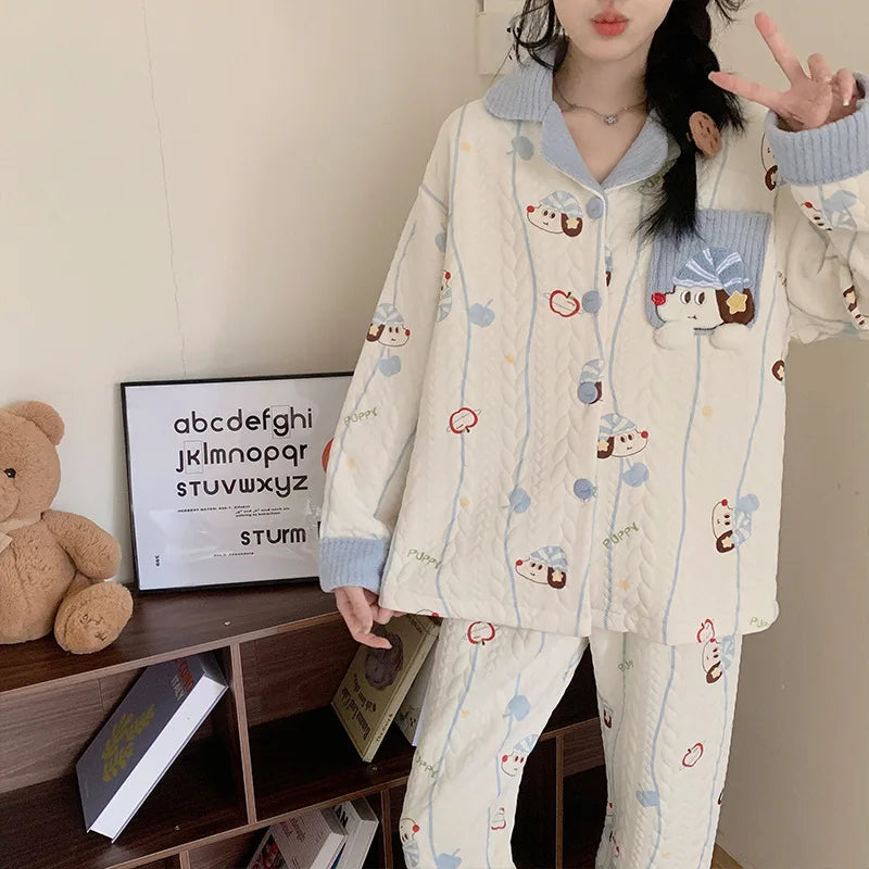 Sweet Korean Style Air Cotton Layered Long Sleeve Long Pants Loose Fit Comfortable Breathable Sleepwear for Spring Autumn Winter