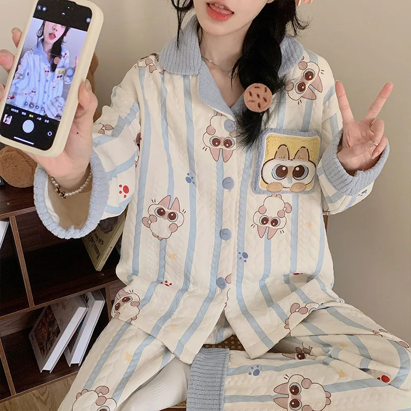 Sweet Korean Style Air Cotton Long Sleeve Long Pants Loose Fit Autumn Winter New Arrival Comfortable Breathable Sleepwear