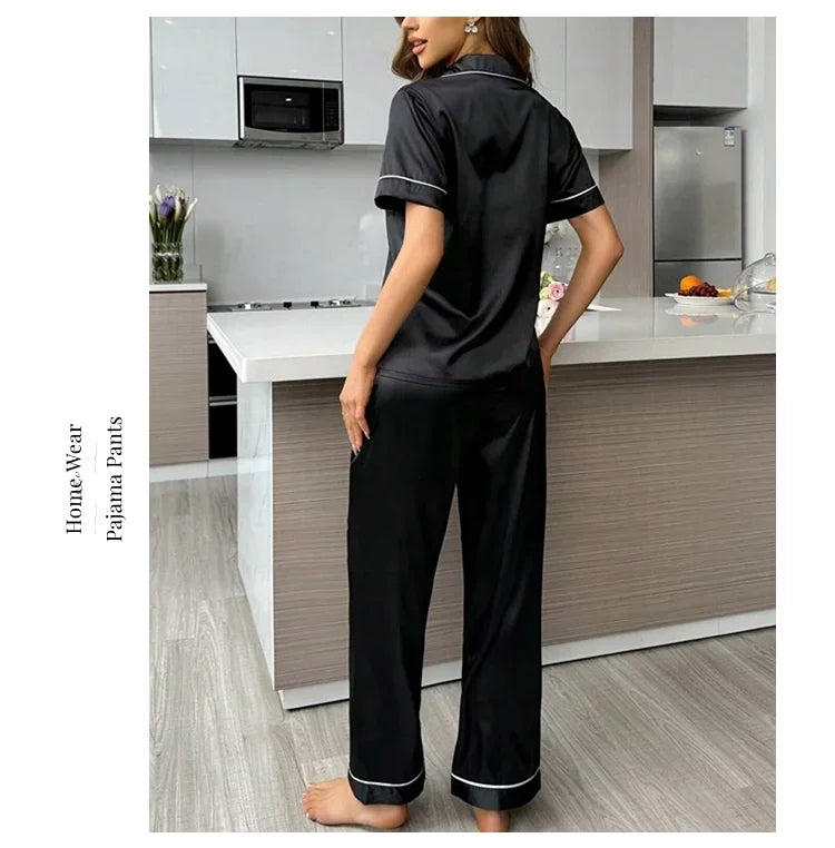 2026 New Women's Pajamas Sets Short Sleeve Buttons Top & Pants Sleepwear 2 Piece Button-Down Pj Set Homewear Satin Loungewear