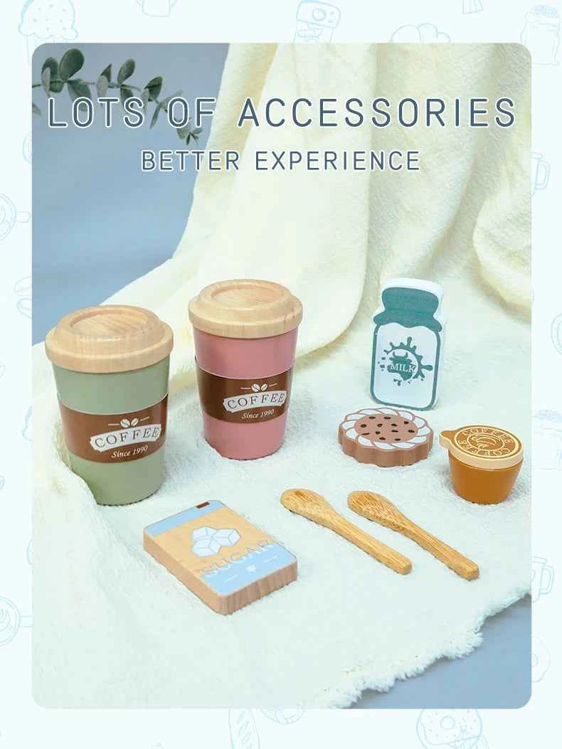 Kids Wooden Coffee Toy Set Toddler Pretend Play Kitchen Accessories Gift for Children House Play Early Educational Toys for Kids