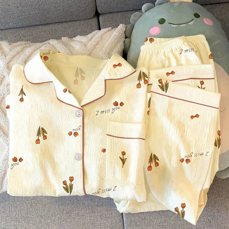 Girls Stripe Spwear Women's  Knot Star Long Sve Long Pants Korean Sle Sweet Crepe Home Clothes Set