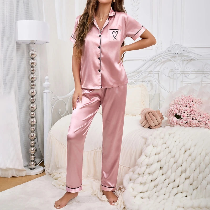 2026 New Women's Pajamas Sets Short Sleeve Buttons Top & Pants Sleepwear 2 Piece Button-Down Pj Set Homewear Satin Loungewear