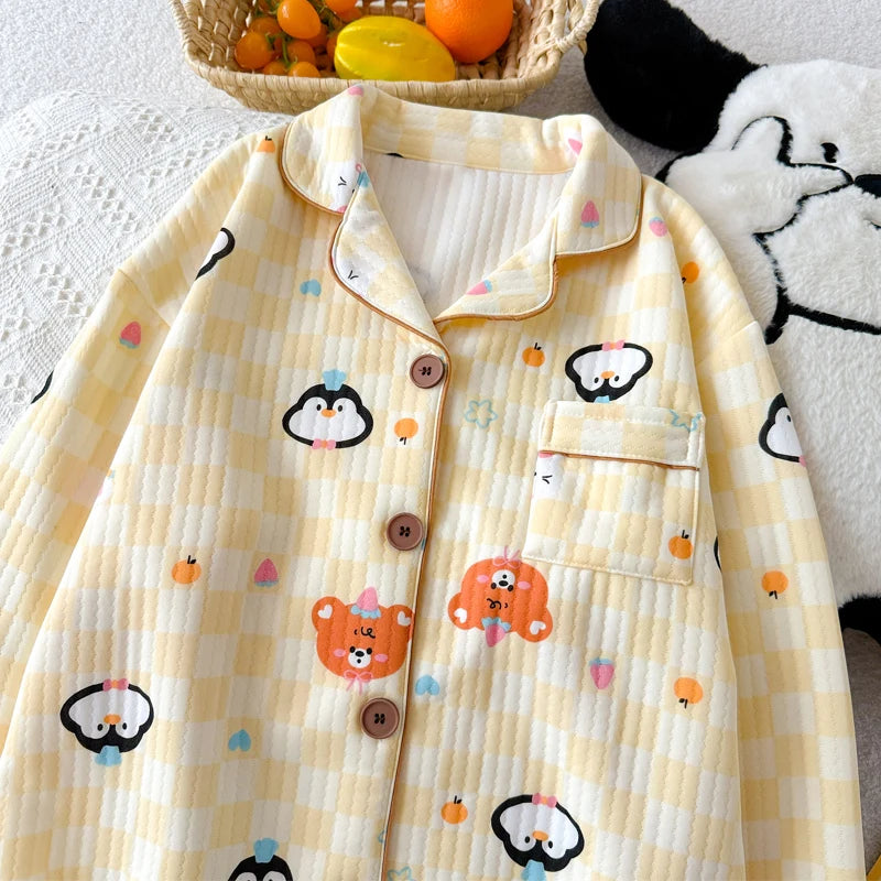 Cartoon Fun Penguin Print Two Pieces Set Sleepwear Loungewear Korean Sweet Cute Women's Pajamas Winter New Homewear Nightwear