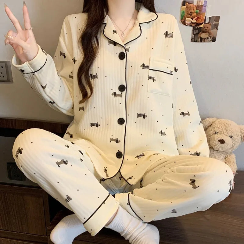 Two-Piece Set Ladies Pajamas Set Long-Sleeved Cartoon Sweet Cute Print Cardigan Home Wear Simple Sleepwear Winter Autumn New