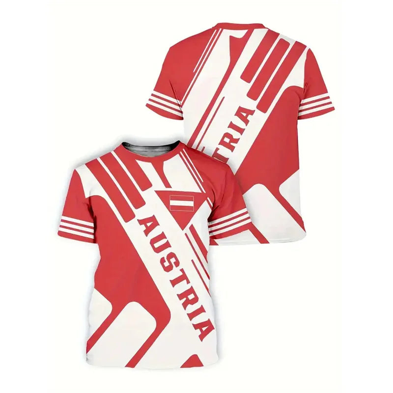 Austria National Flag Themed T-shirt Men's Clothing 3d Printed Stripe Word T Shirts Casual Fashion Street Short Sleeves Tees