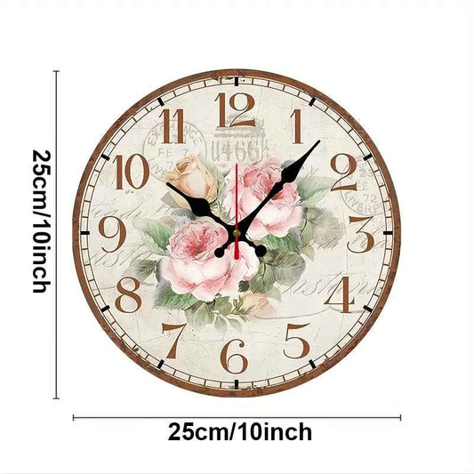 Antique Rose Wooden Round Silent Hanging Wall Clock, Suitable For Living Room, Office, Study Room, Bedroom, Home Decoration