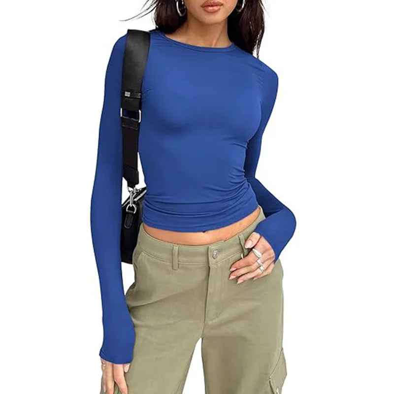 Fashion Long Sleeve Crew Neck Solid Slim Fit Tee Women T-shirt Crop Top