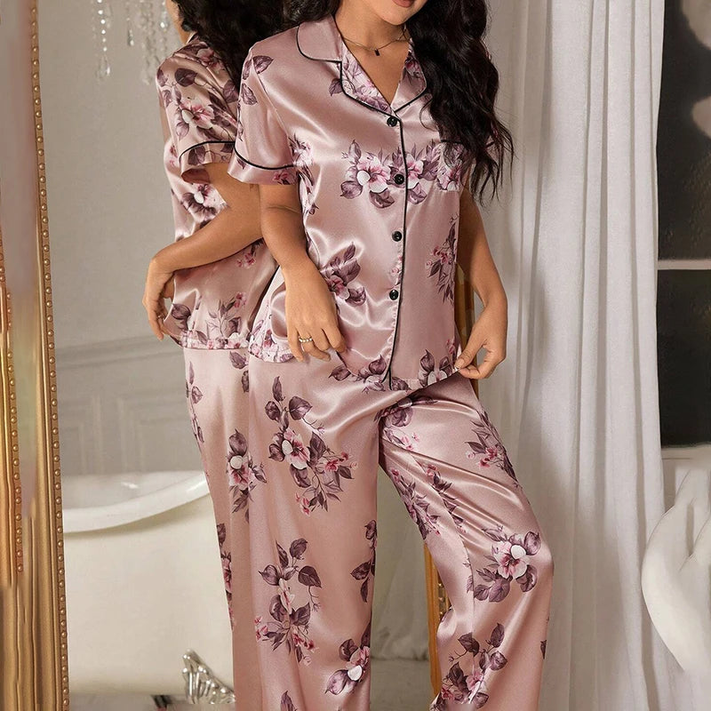 2026 New Women's Pajamas Sets Short Sleeve Buttons Top & Pants Sleepwear 2 Piece Button-Down Pj Set Homewear Satin Loungewear