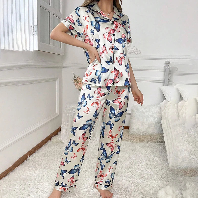 2026 New Women's Pajamas Sets Short Sleeve Buttons Top & Pants Sleepwear 2 Piece Button-Down Pj Set Homewear Satin Loungewear