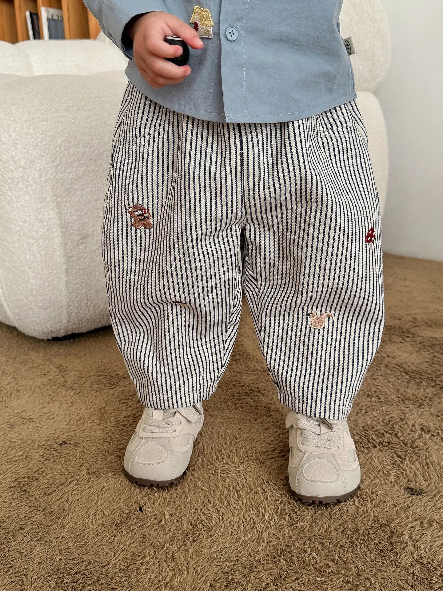 2026 Fall New Toddler Kids Pants Cotton Cartoon Embroidered Harem Pants Baby Boy Casual Striped Denim Baggy Trousers