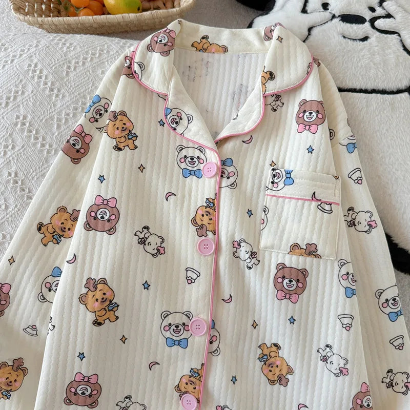 Air Cotton Cartoon Bear Sleepwear Thickened Long Sleeve round Neck Short Skirt Style Sleep Pants Anti-Static Comfortable Spring