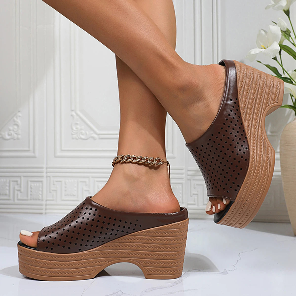 Women Summer Wedge Sandals Slope Heel Comfortable Shoes for Women Breathable Hollow Mesh Outer Wear Beach Platform Sandals