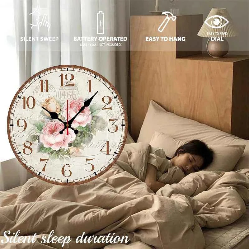 Antique Rose Wooden Round Silent Hanging Wall Clock, Suitable For Living Room, Office, Study Room, Bedroom, Home Decoration