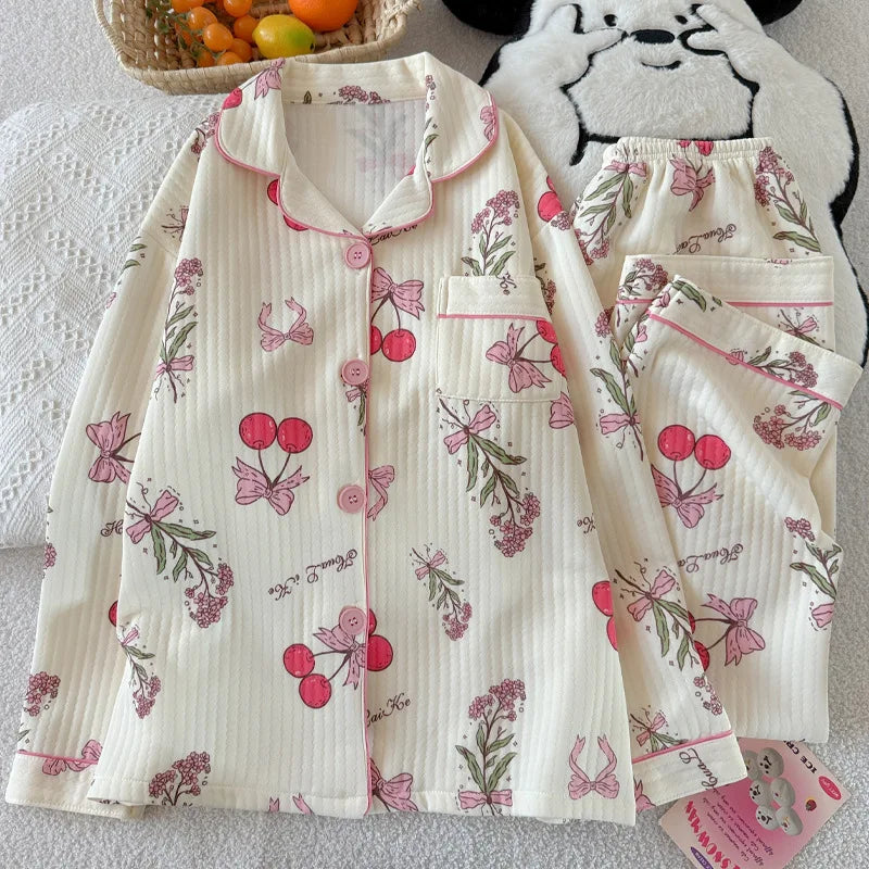 Sweet Butterfly Knot Cherry Air Cotton Knitwear round Neck Long Sleeve Sleepwear Thickened Ultra-Heavy Comfortable Spring