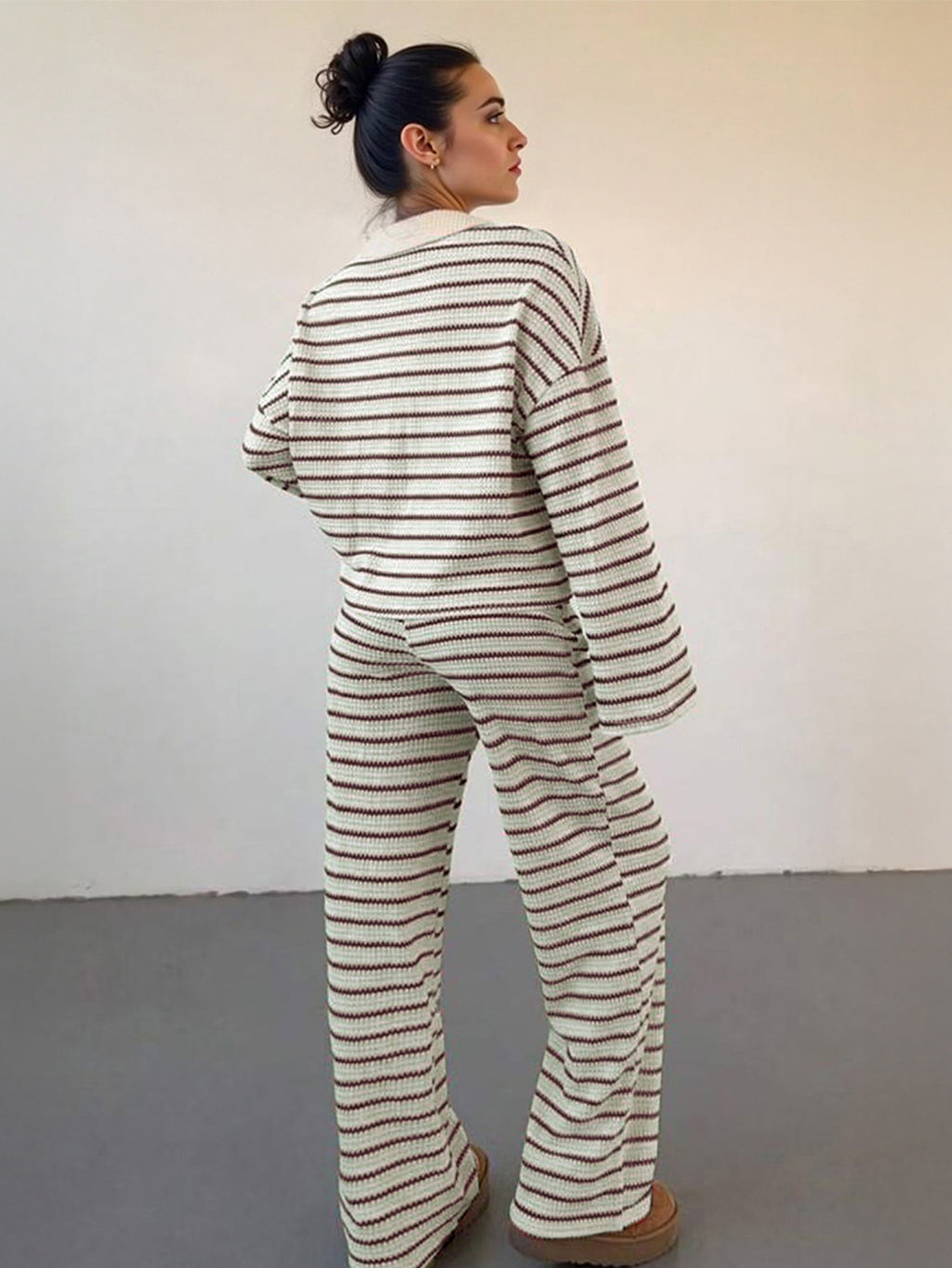 Women'S Color Matching Stripe Long Sleeve Top & Wide Leg Trousers Co-ord, Street Womenswear