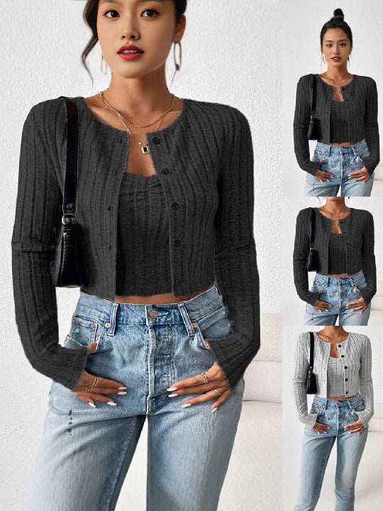 Rib Button Front Knit Elegant Set, Long Sleeve Cardigan & Sleeveless Crop Camisole, Women's Clothing