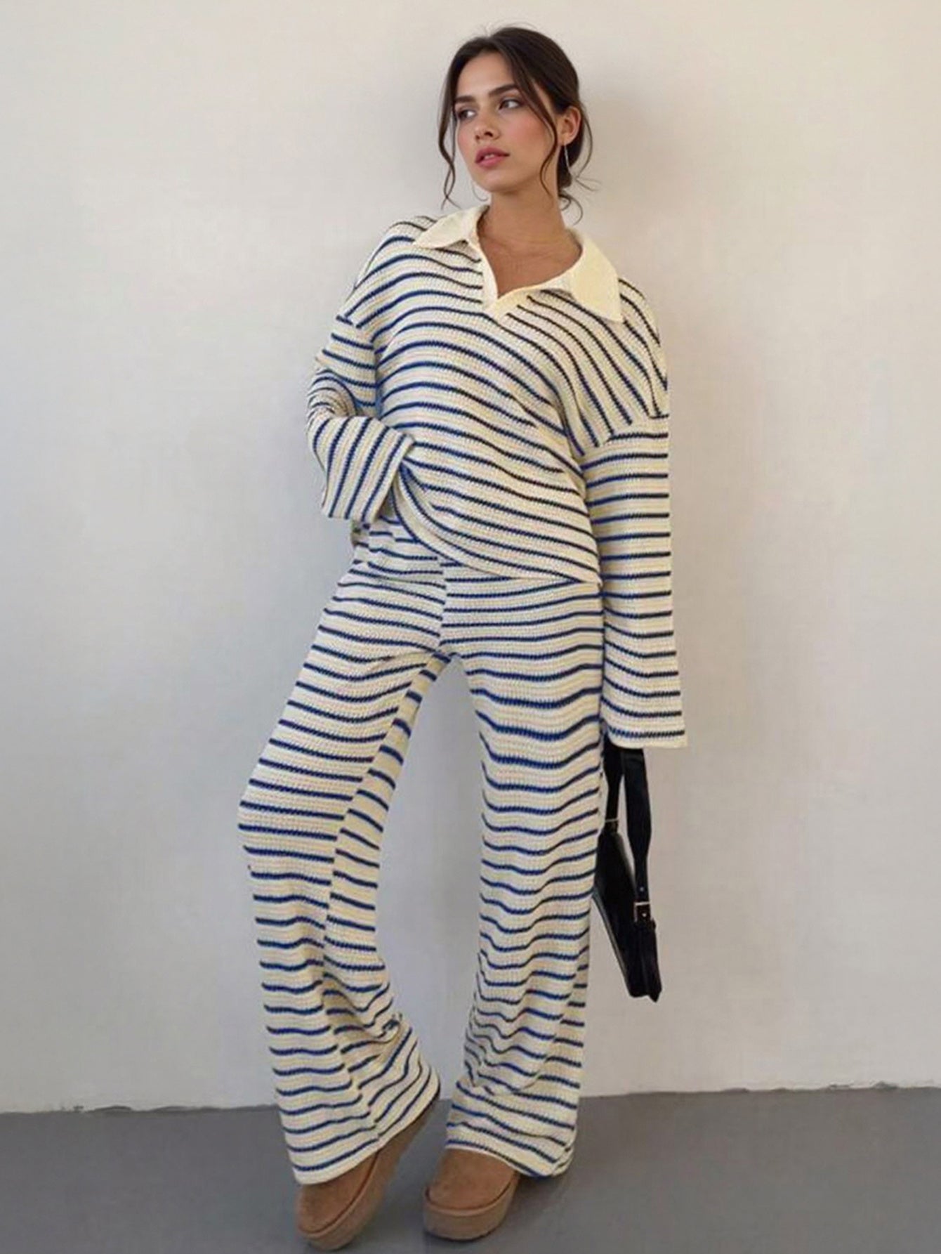 Women'S Color Matching Stripe Long Sleeve Top & Wide Leg Trousers Co-ord, Street Womenswear