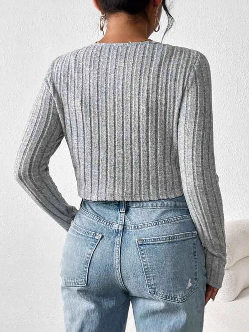 Rib Button Front Knit Elegant Set, Long Sleeve Cardigan & Sleeveless Crop Camisole, Women's Clothing