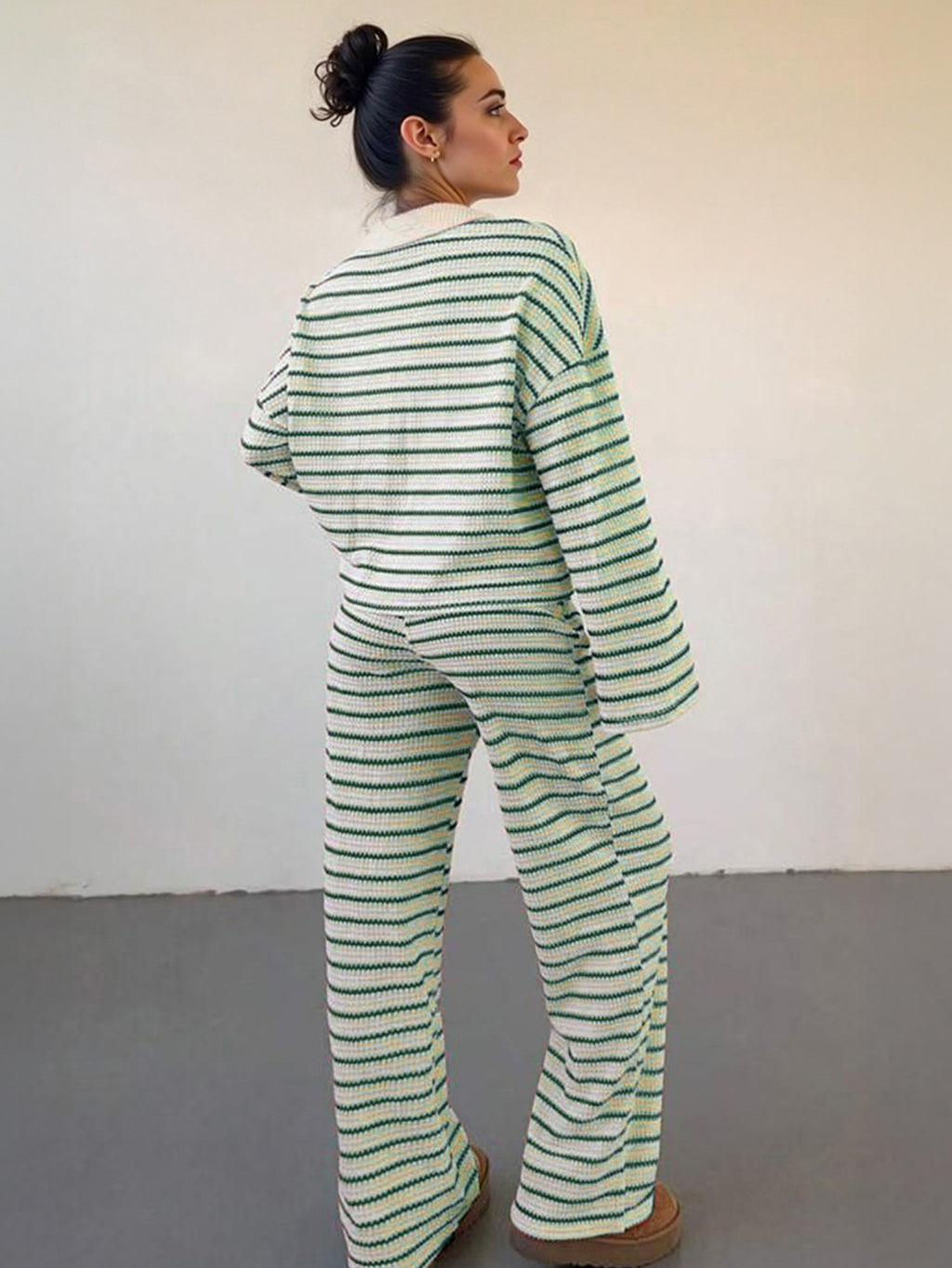 Women'S Color Matching Stripe Long Sleeve Top & Wide Leg Trousers Co-ord, Street Womenswear