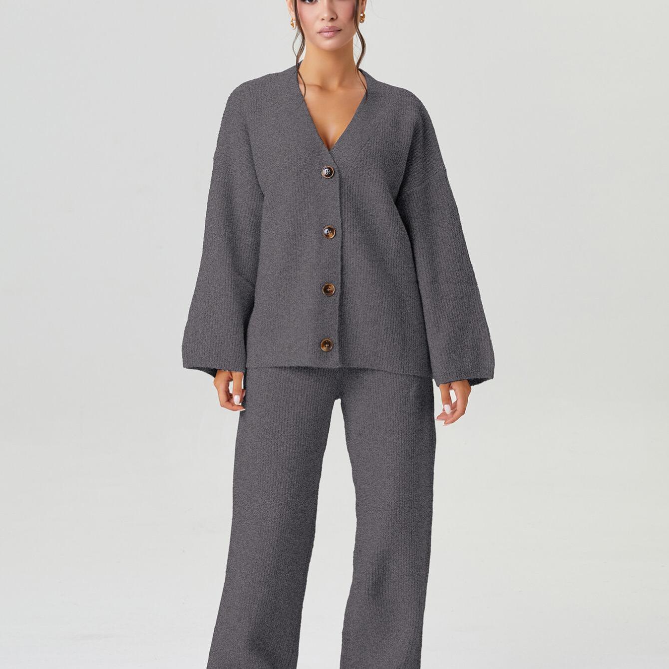 Women'S Slouchy V-Neck Button Long Sleeve Cardigan & Wide Leg Trousers Set | Minimalist Loose Two Piece Outfits, Solid Color, Casual Style, Fall/Winter Collection by KATCH ME