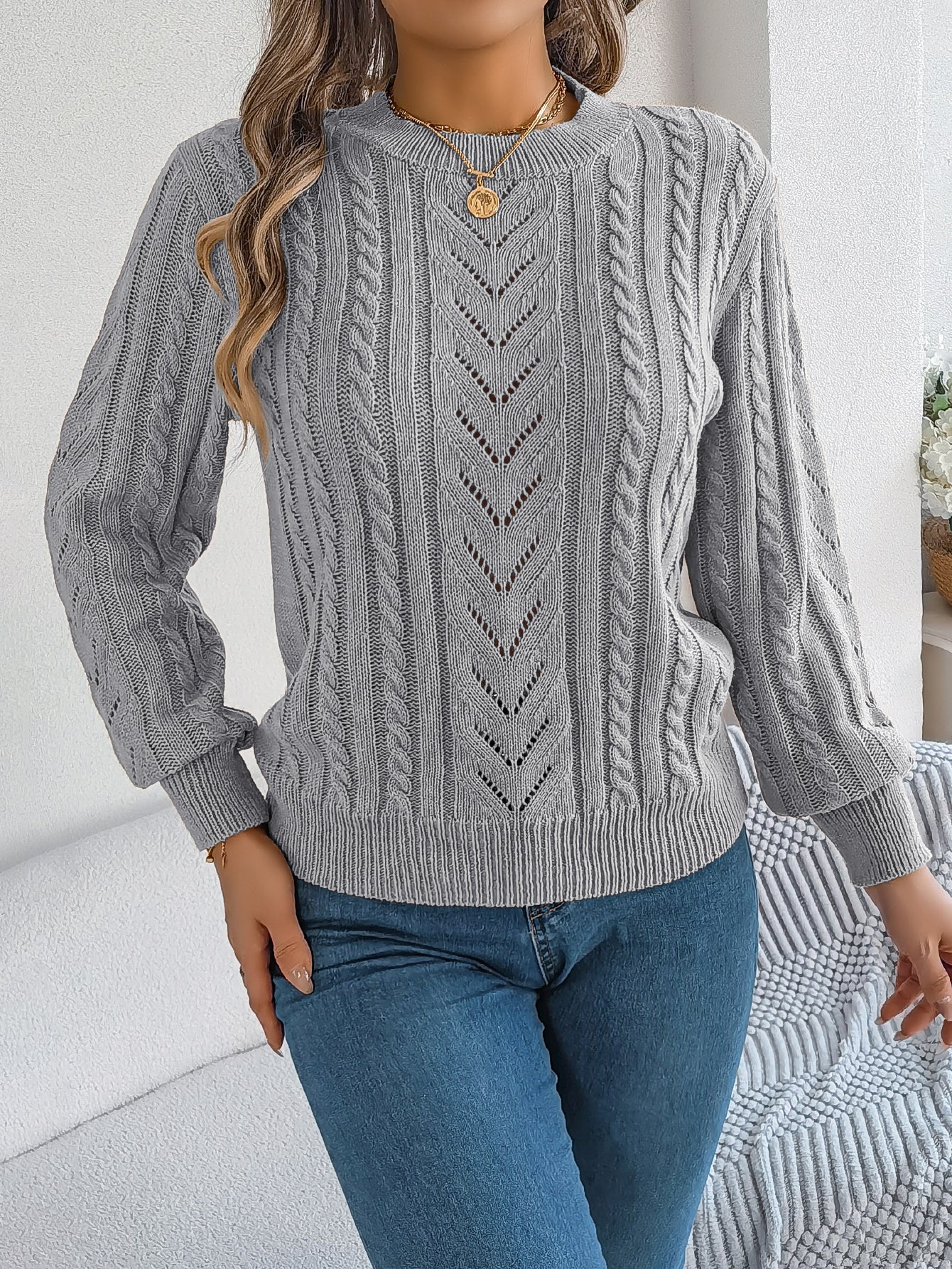 Women Casual Solid Color Hollow Out Lantern Sleeve Pullover Sweater