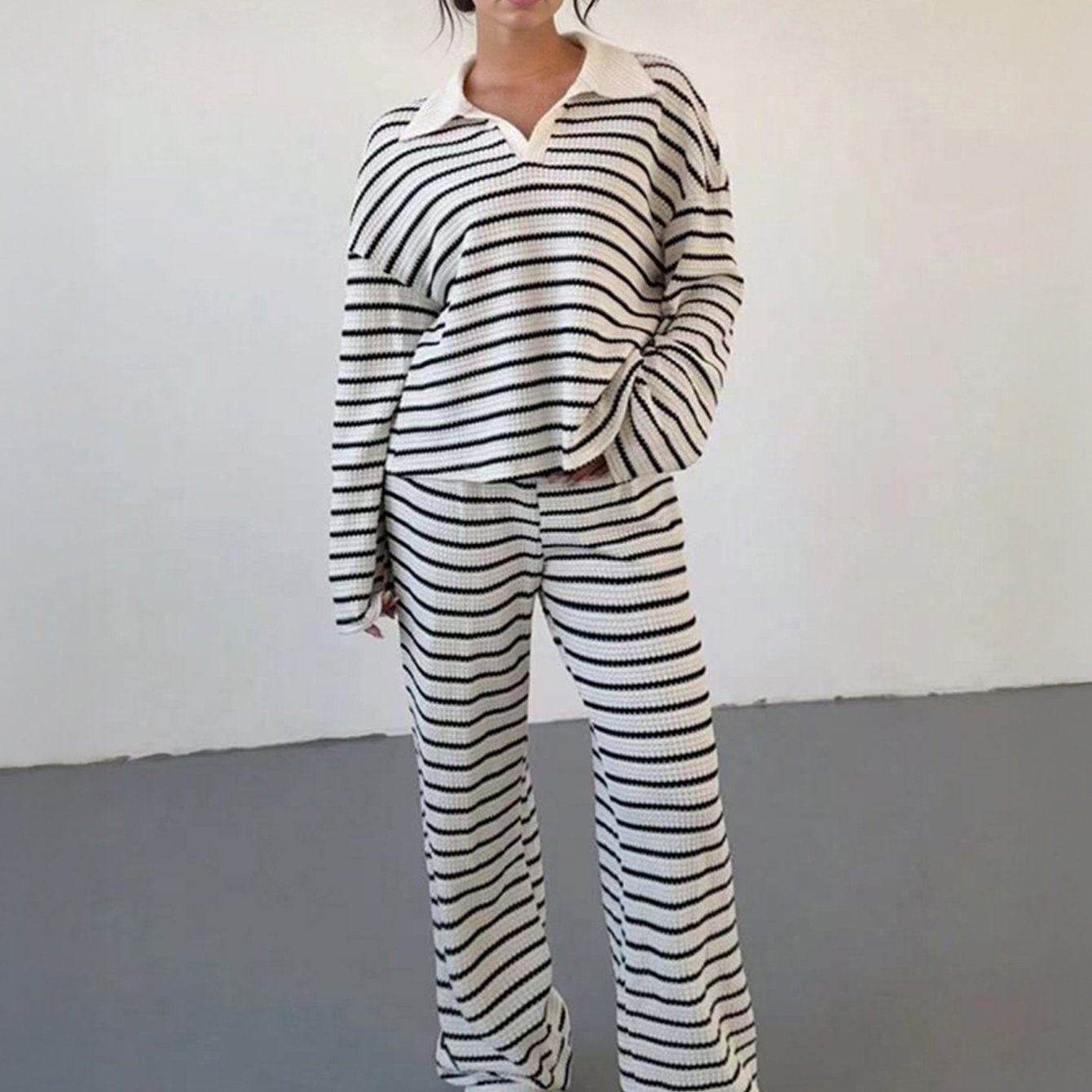 Women'S Color Matching Stripe Long Sleeve Top & Wide Leg Trousers Co-ord, Street Womenswear